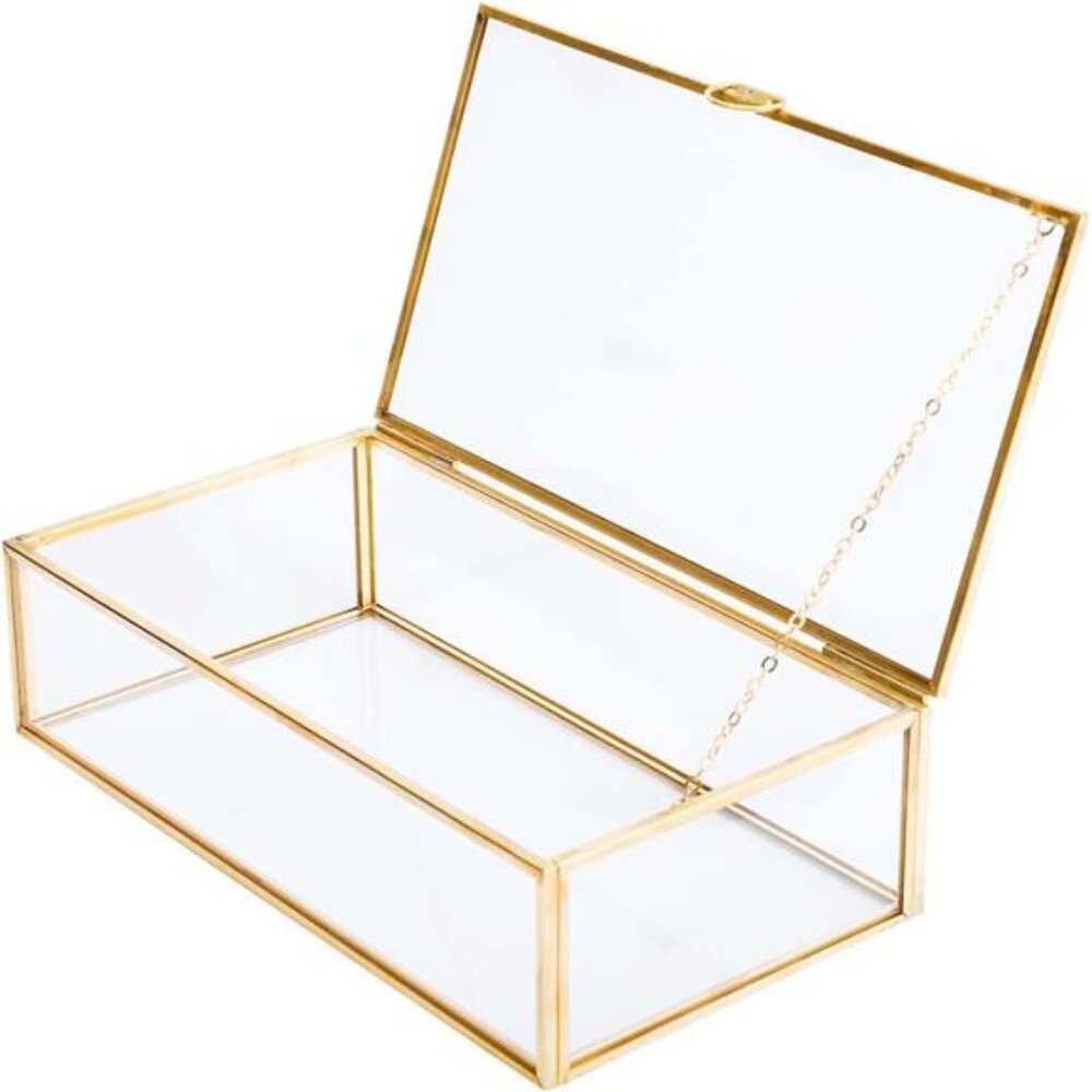 Golden Vintage Glass Lidded Box Edge Bracelet KeepsakeDecorative Jewelry Display